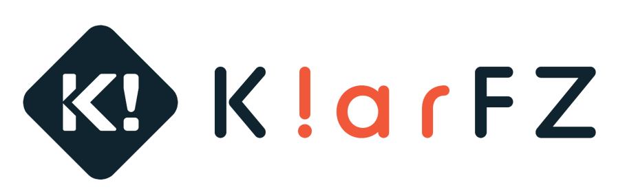 Logo von KlarFZ mit schwarzem und orangen Text sowie einem markanten geometrischen Design.